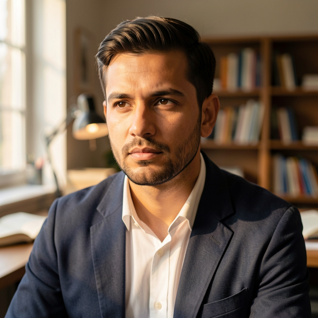 Male editorial portrait with warm natural light, thoughtful expression, editorial photography style in a journal workspace setting