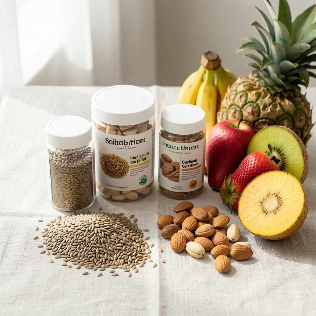 Supplement containers and whole foods including seeds, nuts and tropical fruits arranged on pale linen surface, editorial daylight composition
